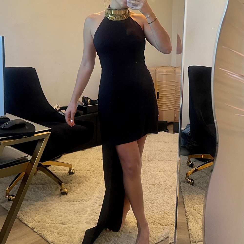 Dark Navy Asymmetrical Gown with Gold Neckline